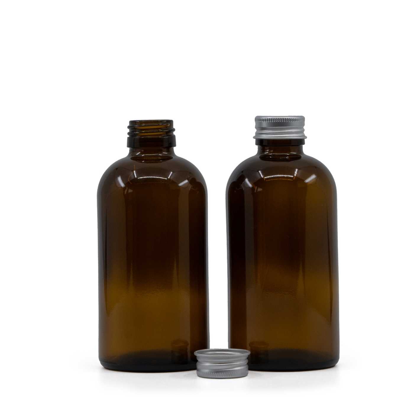 Sklenená fľaška, liekovka Boston, 28 mm, hliníkový vrchnák strieborný, 250 ml