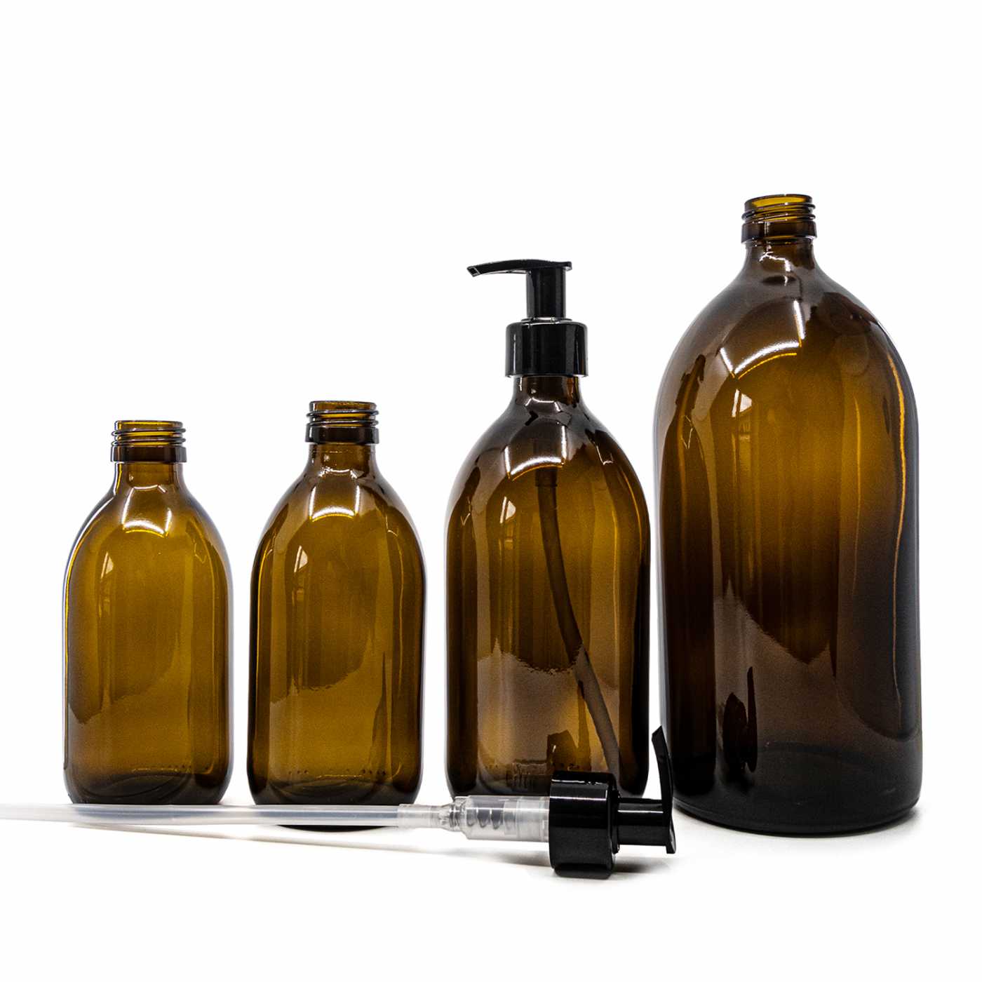 Sklenená fľaška, liekovka, 28 mm, čierny hladký dávkovač, 300 ml