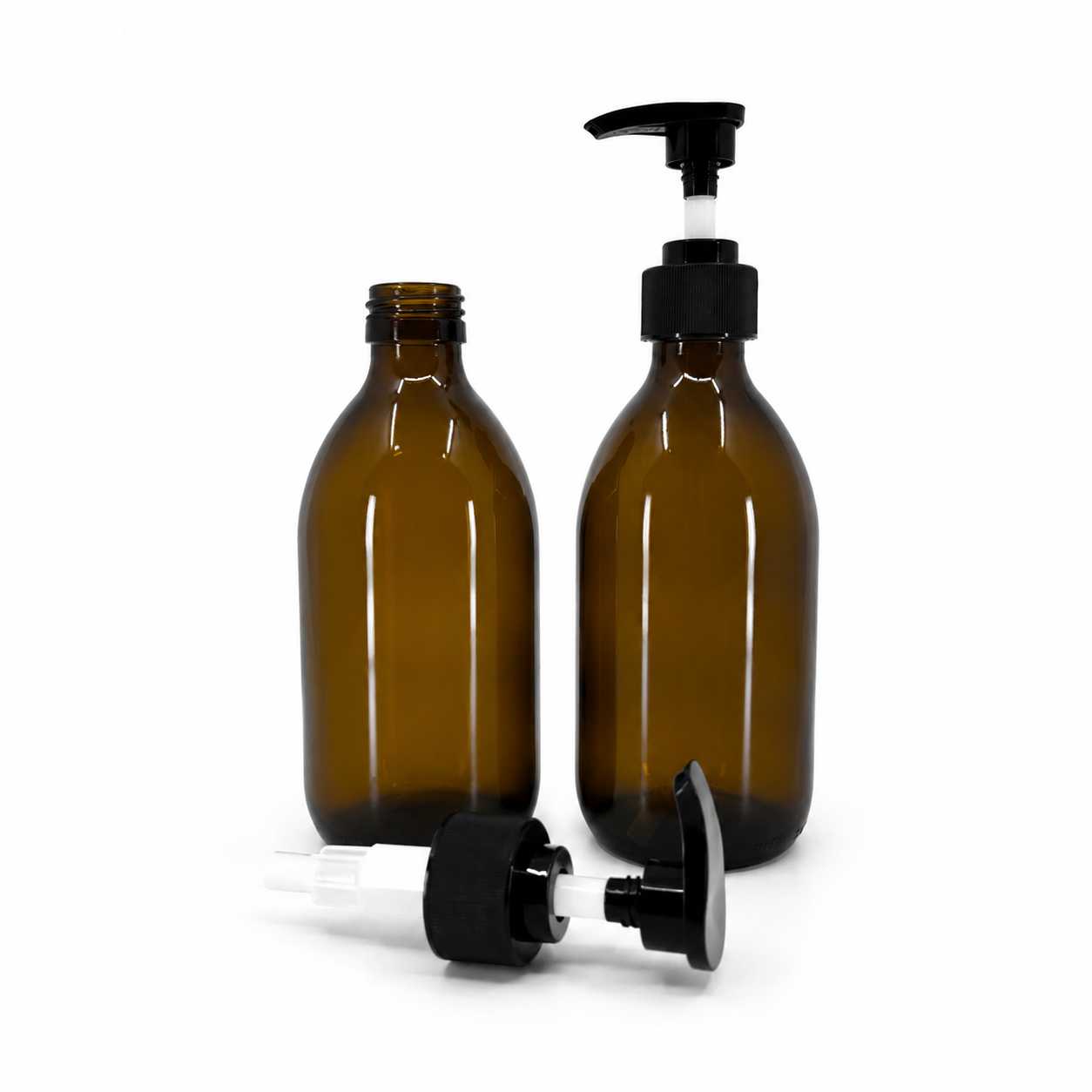Sklenená fľaška, liekovka, 28 mm, čierny vrúbkovaný dávkovač, 300 ml