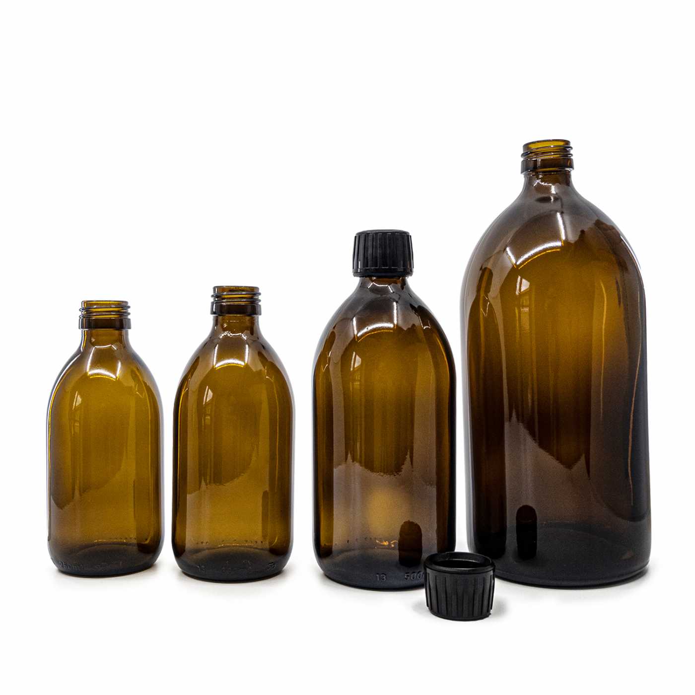 Sklenená fľaška, liekovka, 28 mm, čierny vrchnák, 300 ml