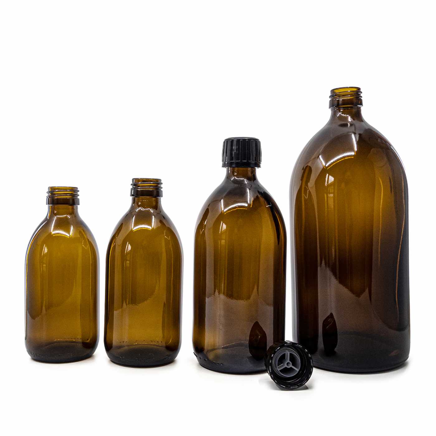 Sklenená fľaška, liekovka, 28 mm, čierny vrchnák s nalievacou vložkou, 300 ml