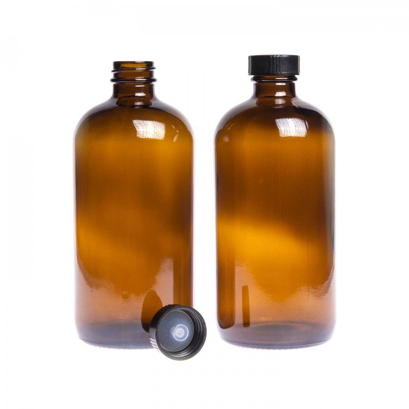 Szklana butelka apteczna brązowa, okrągła Boston, 28 mm, czarna nakrętka, 480 ml