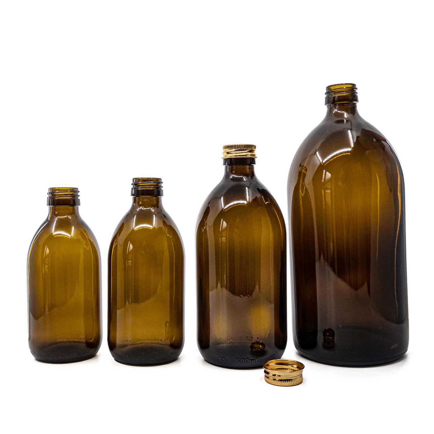 Sklenená fľaška, liekovka, 28 mm, 500 ml, vrchnák ružovo-zlatý