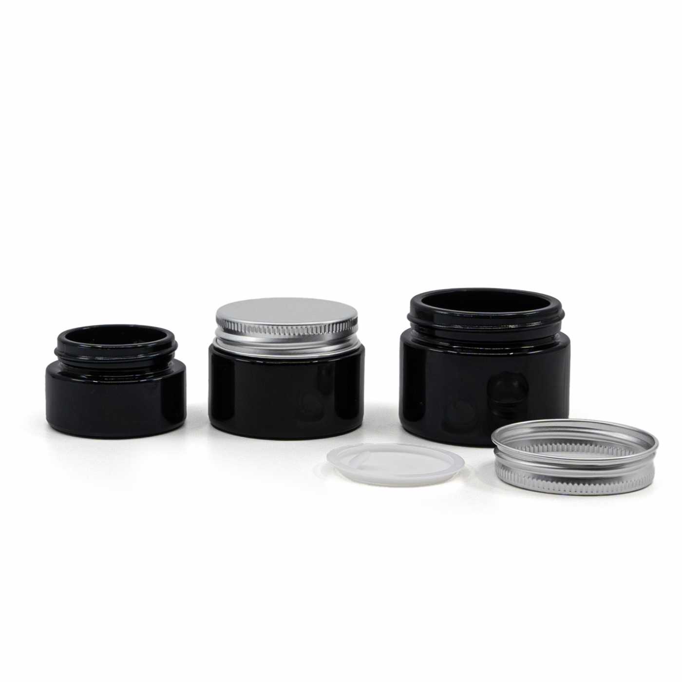 Sklenený kelímok, čierny lesklý, hliníkový vrchnák, 15 ml