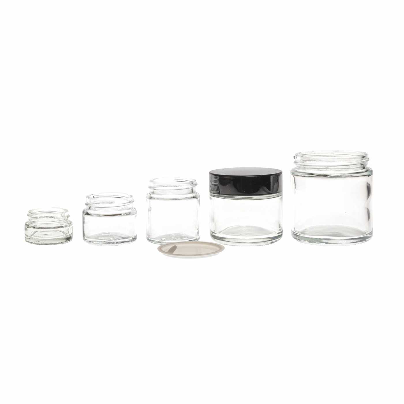 Sklenený kelímok, číry, čierny vrchnák, 15 ml