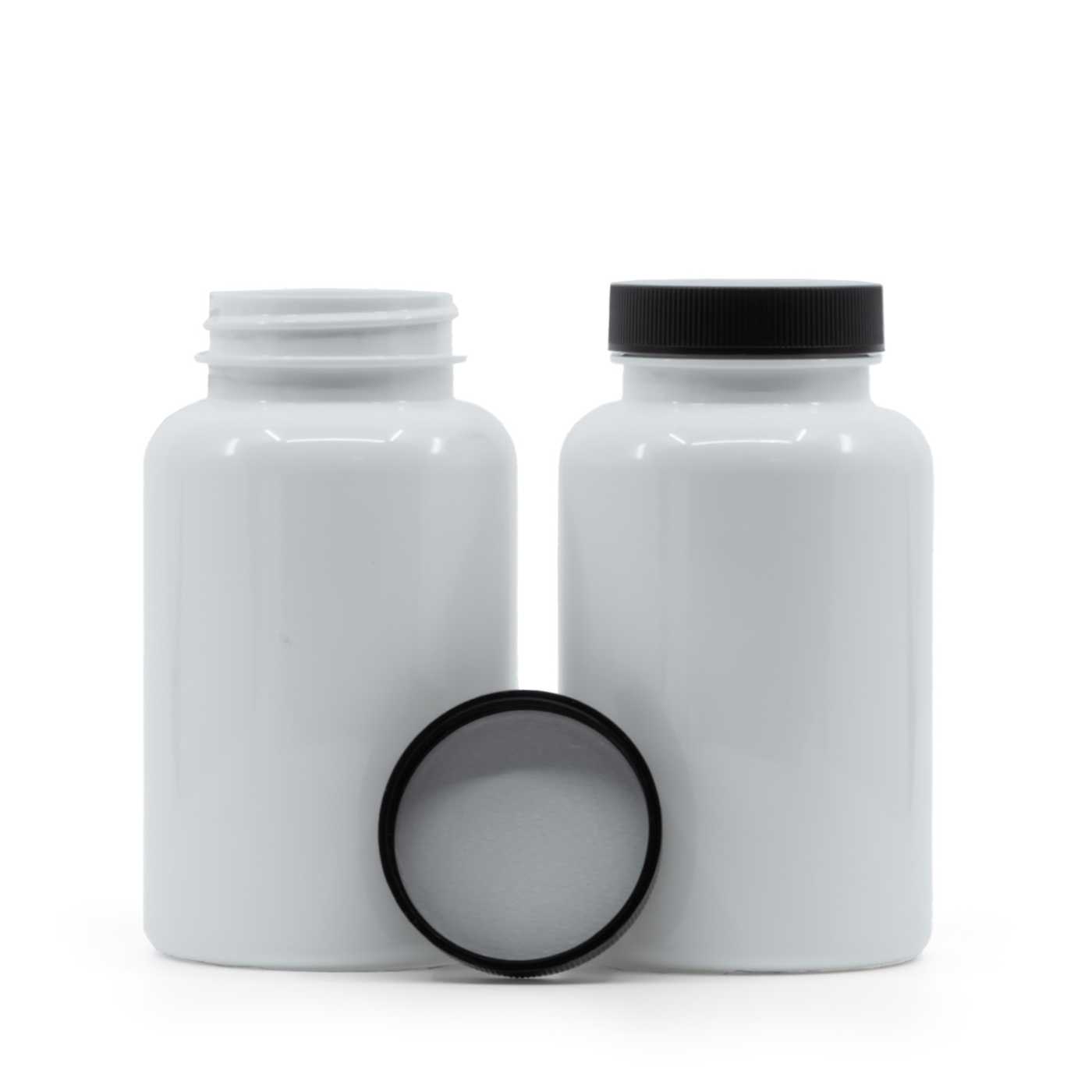 Plastová dóza na tabletky, biela, čierny vrchnák, induckčná vložka, 250 ml