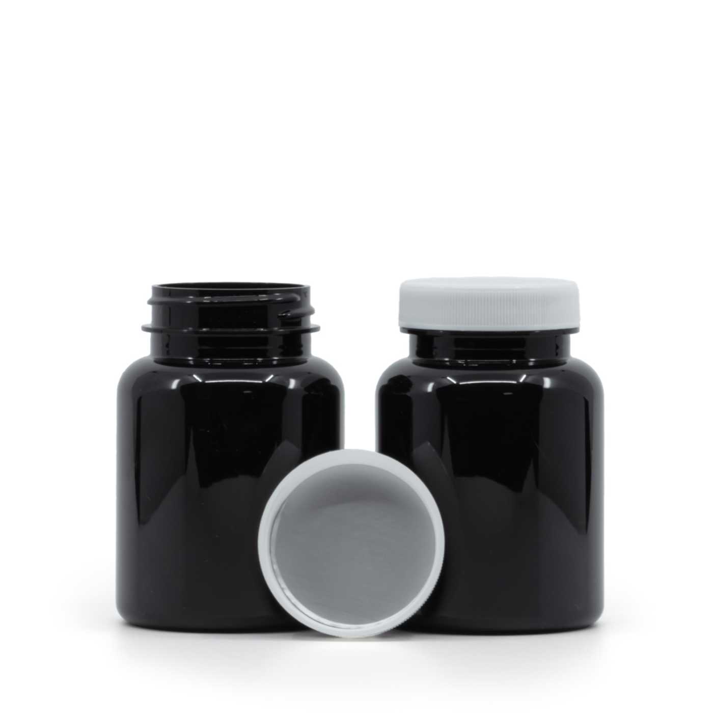 Plastová dóza na tabletky, čierna, biely vrchnák, indukčná vložka, 150 ml