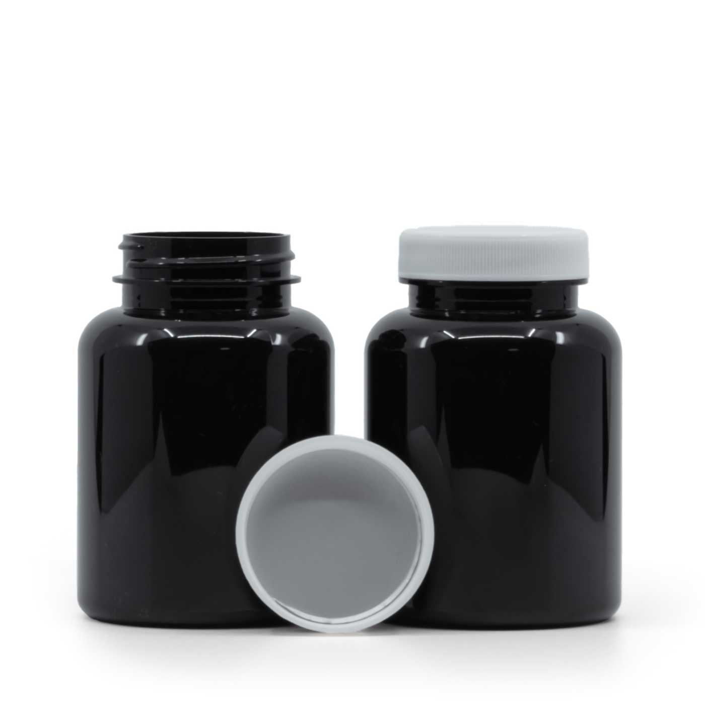 Plastová dóza na tabletky, čierna, biely vrchnák, indukčná vložka, 200 ml