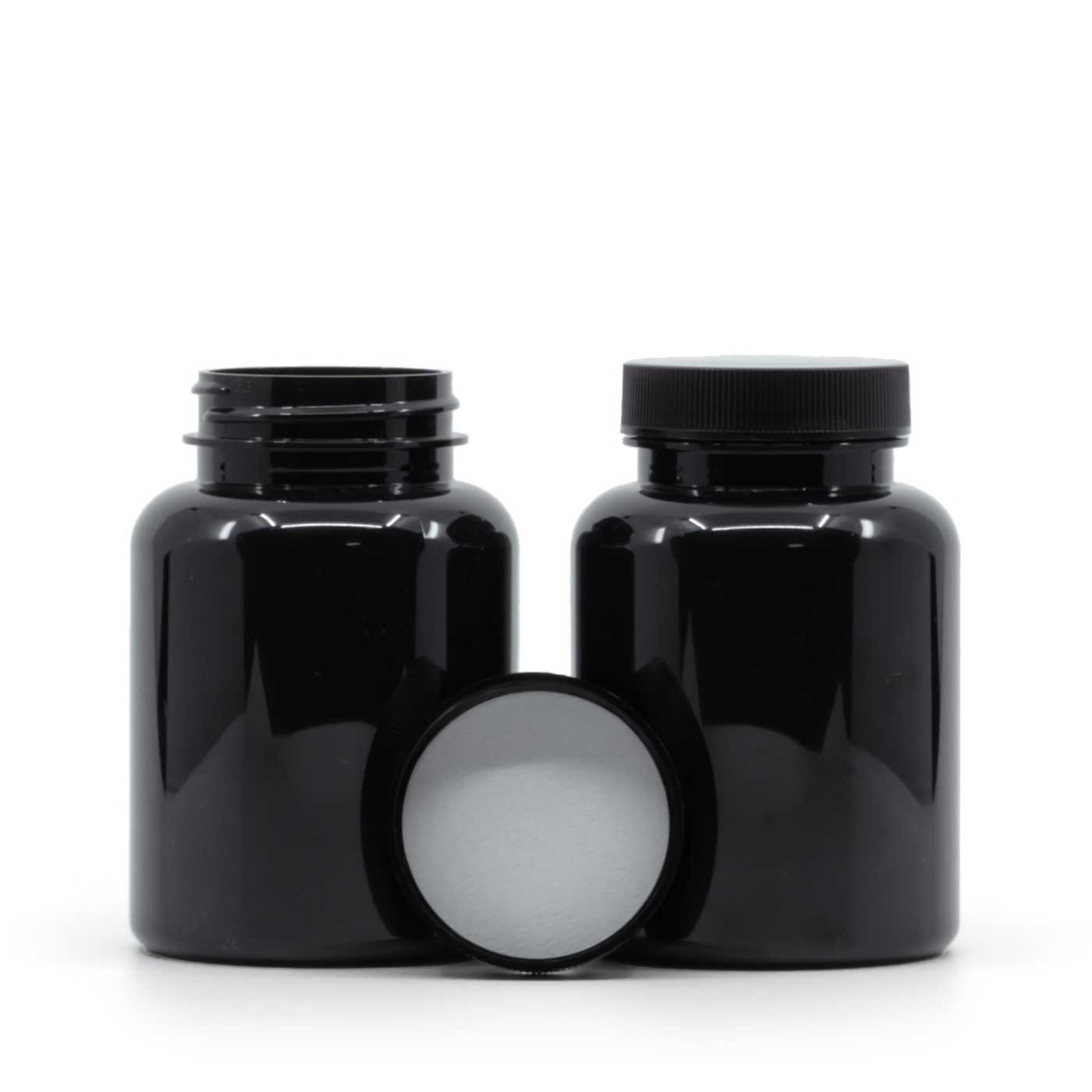 Plastová dóza na tabletky, čierny, čierny vrchnák, indukčná vložka, 200 ml