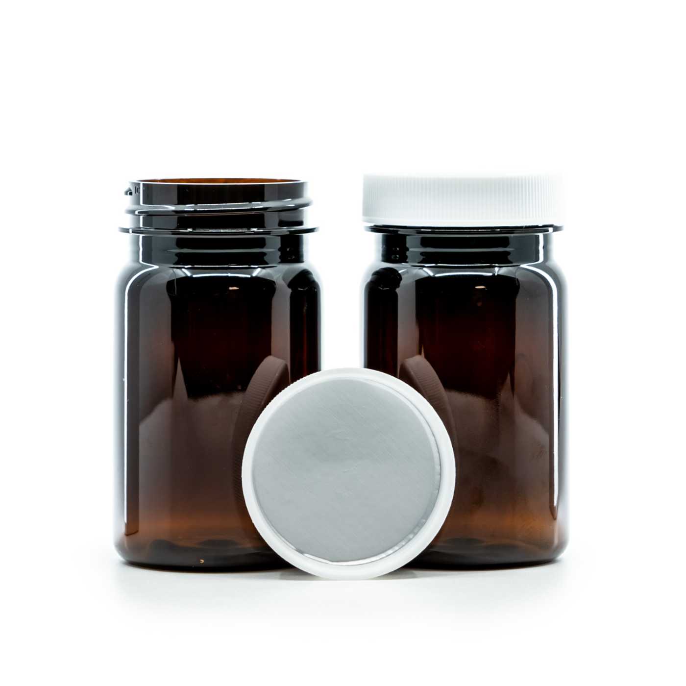 Plastová dóza na tabletky, hnedá, biely vrchnák, indukčná vložka, 100 ml