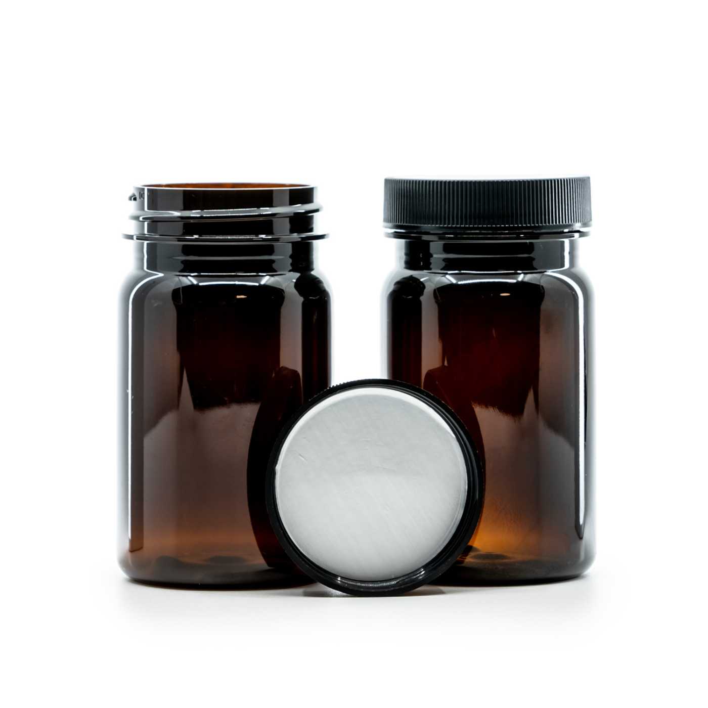 Plastová dóza na tabletky, hnedá, čierny vrchnák, indukčná vložka, 100 ml