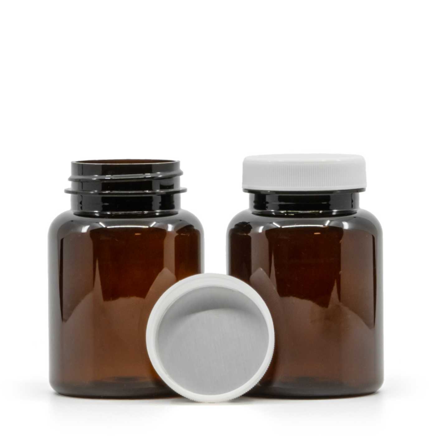 Plastová dóza na tabletky, hnedá, biely vrchnák, indukčná vložka, 150 ml