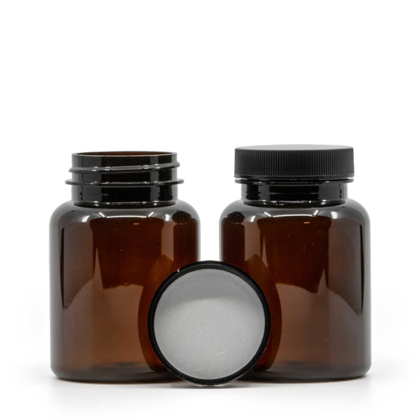 Plastová dóza na tabletky, hnedá, čierny vrchnák, indukčná vložka, 150 ml