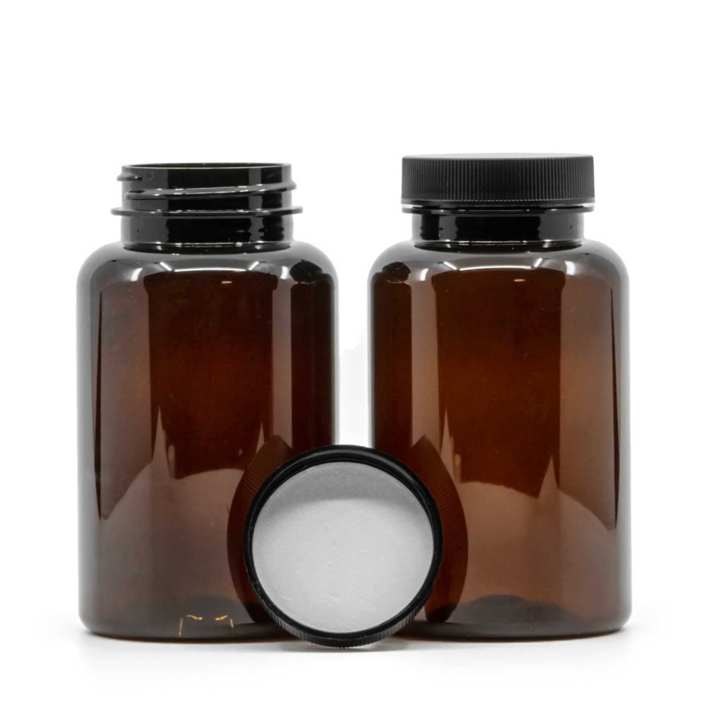 Plastová dóza na tabletky, hnedá, čierny vrchnák, indukčná vložka, 250 ml