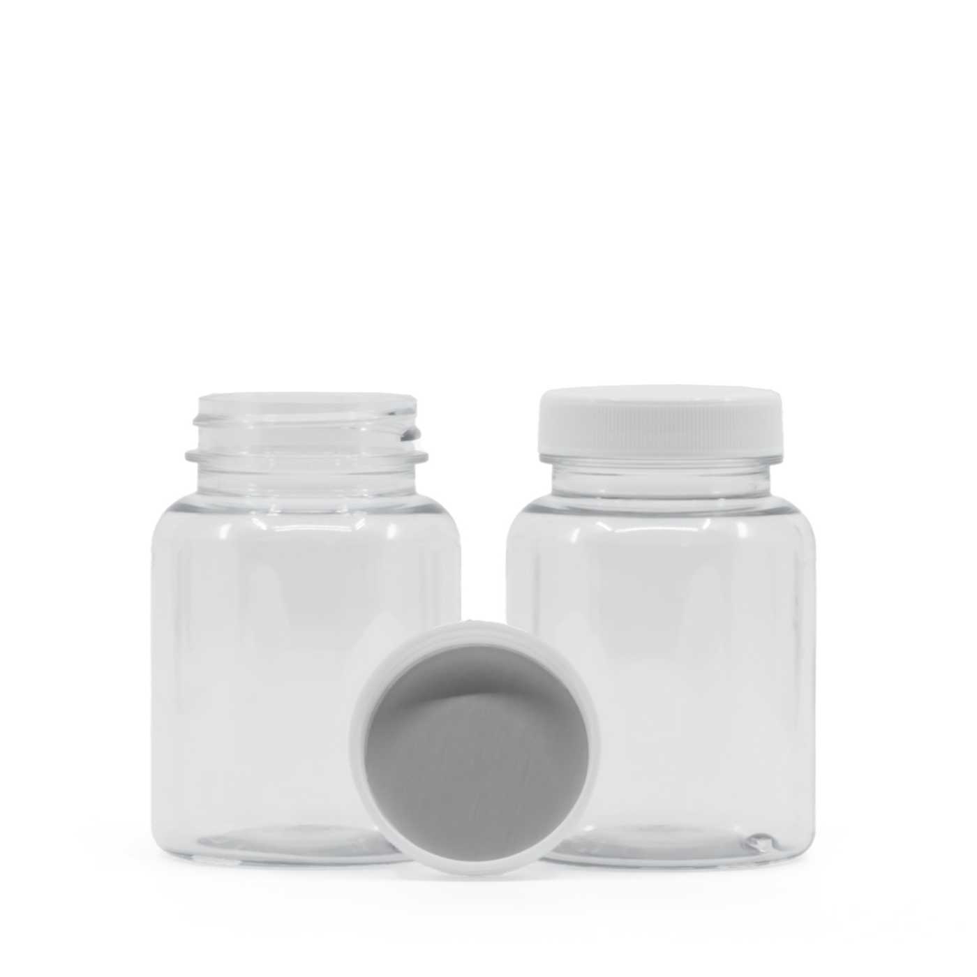 Plastová dóza na tabletky, priehľadná, biely vrchnák, indukčná vložka, 150 ml