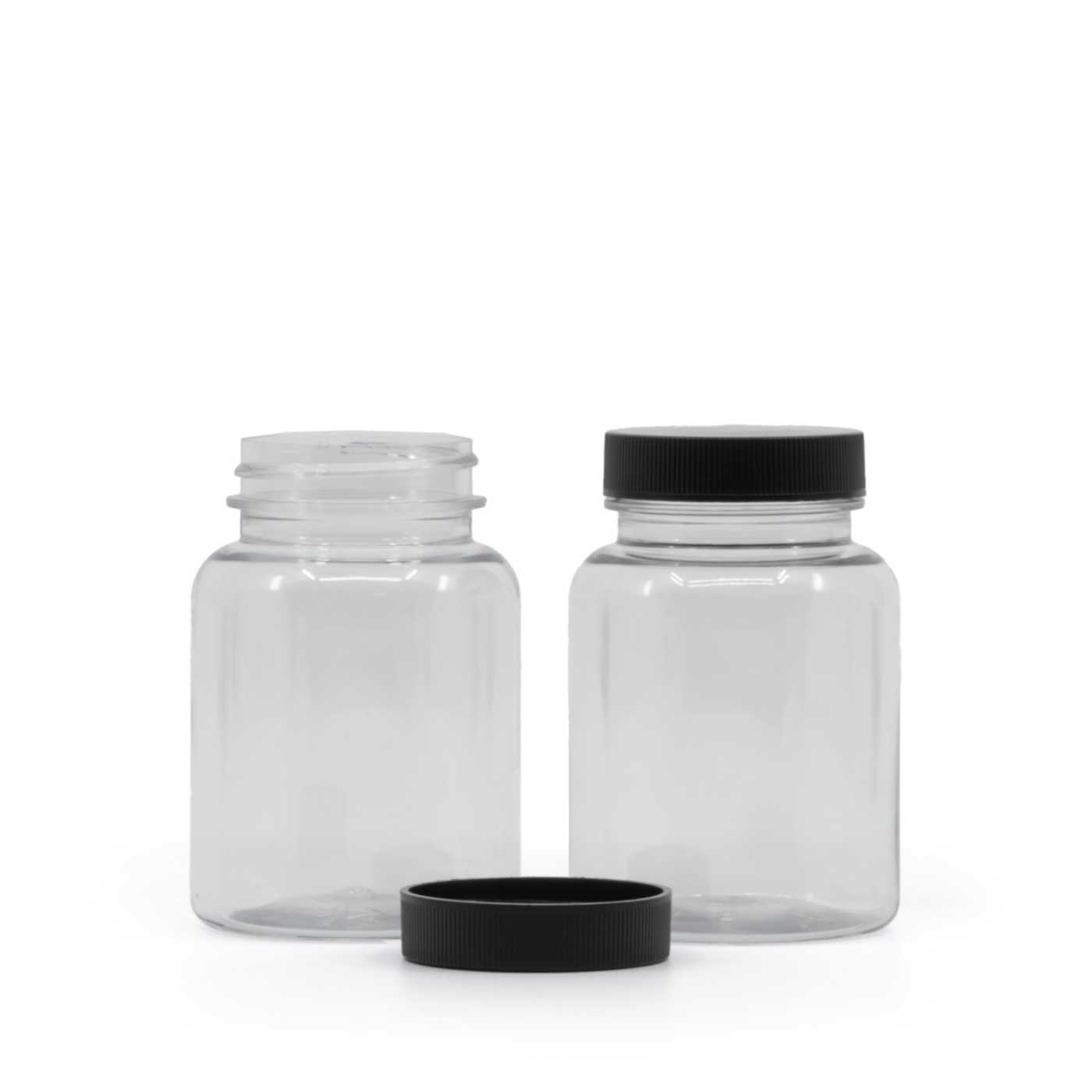 Plastová dóza na tabletky, priehľadná, čierny vrchnák, 150 ml