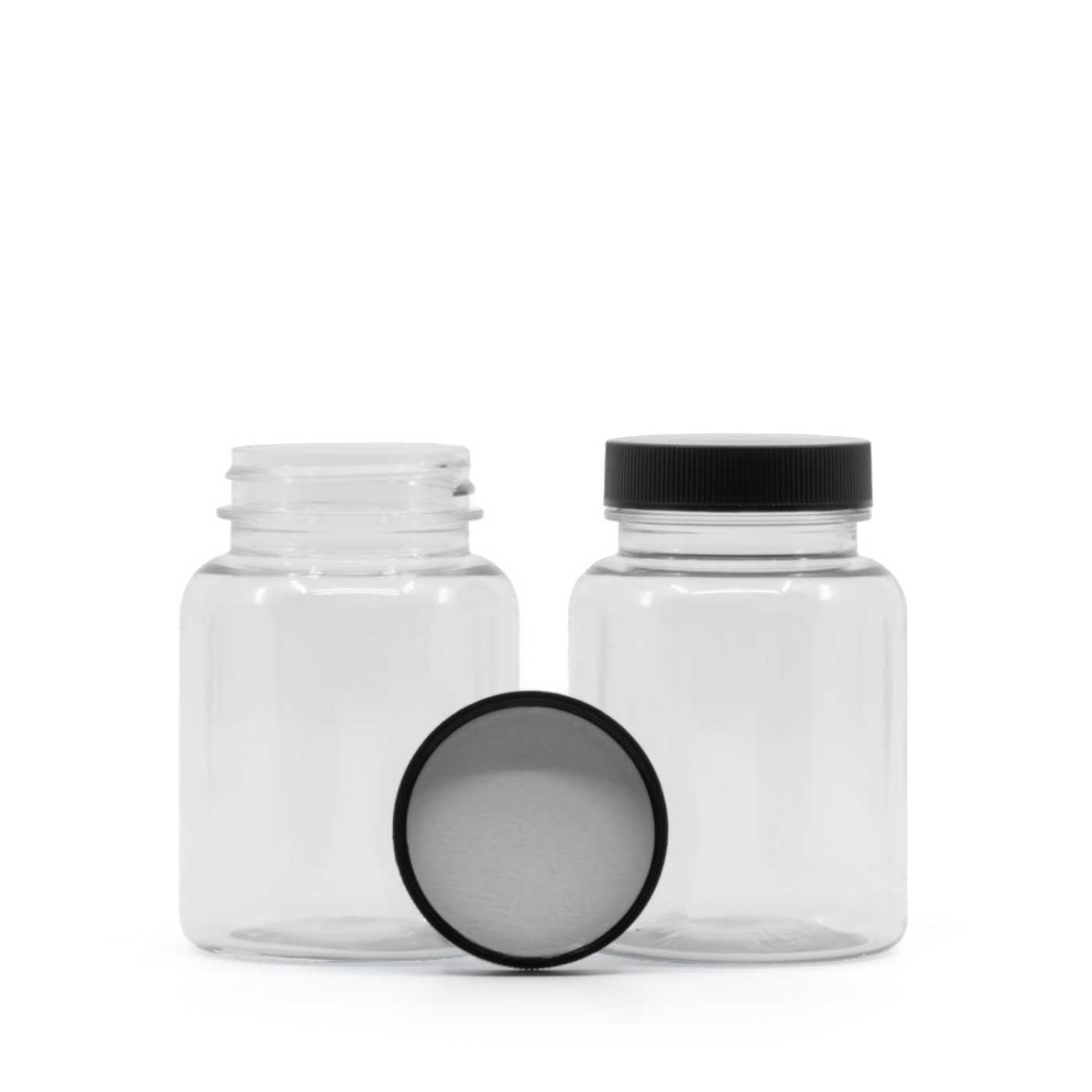 Plastová dóza na tabletky, priehľadná, čierny vrchnák, indukčná vložka, 150 ml