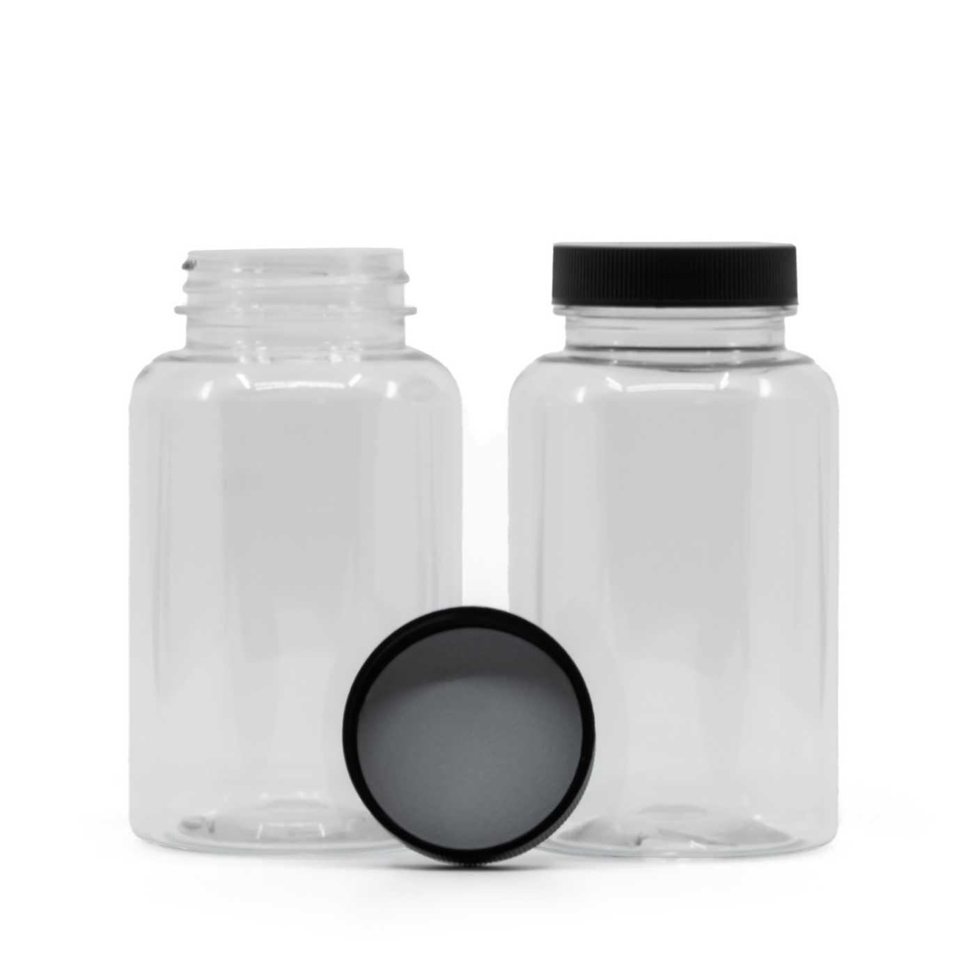 Plastová dóza na tabletky, priehľadná, čierny vrchnák, indukčná vložka, 250 ml