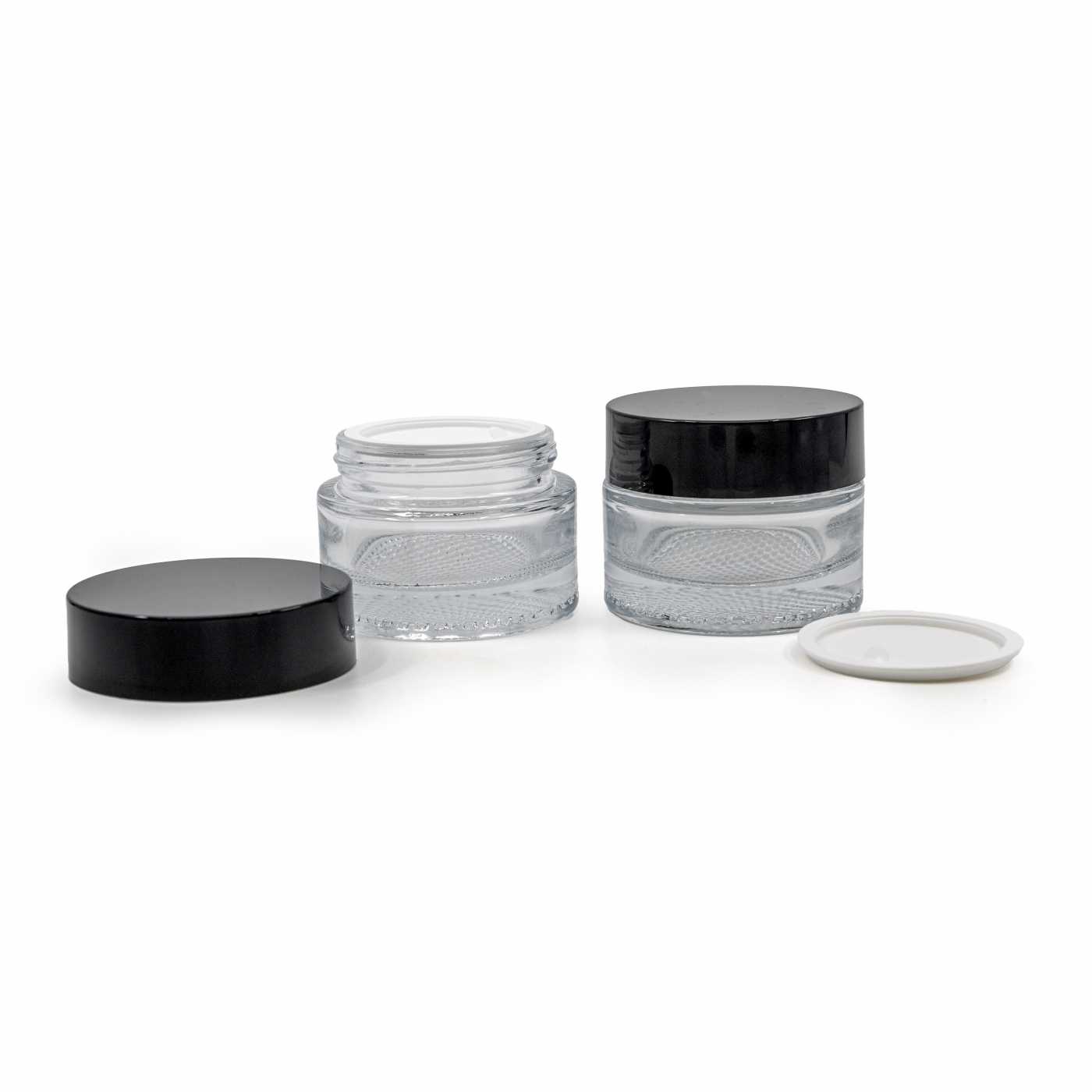 Sklenený kelímok, priehľadný, 25 ml, čierny vrchnák