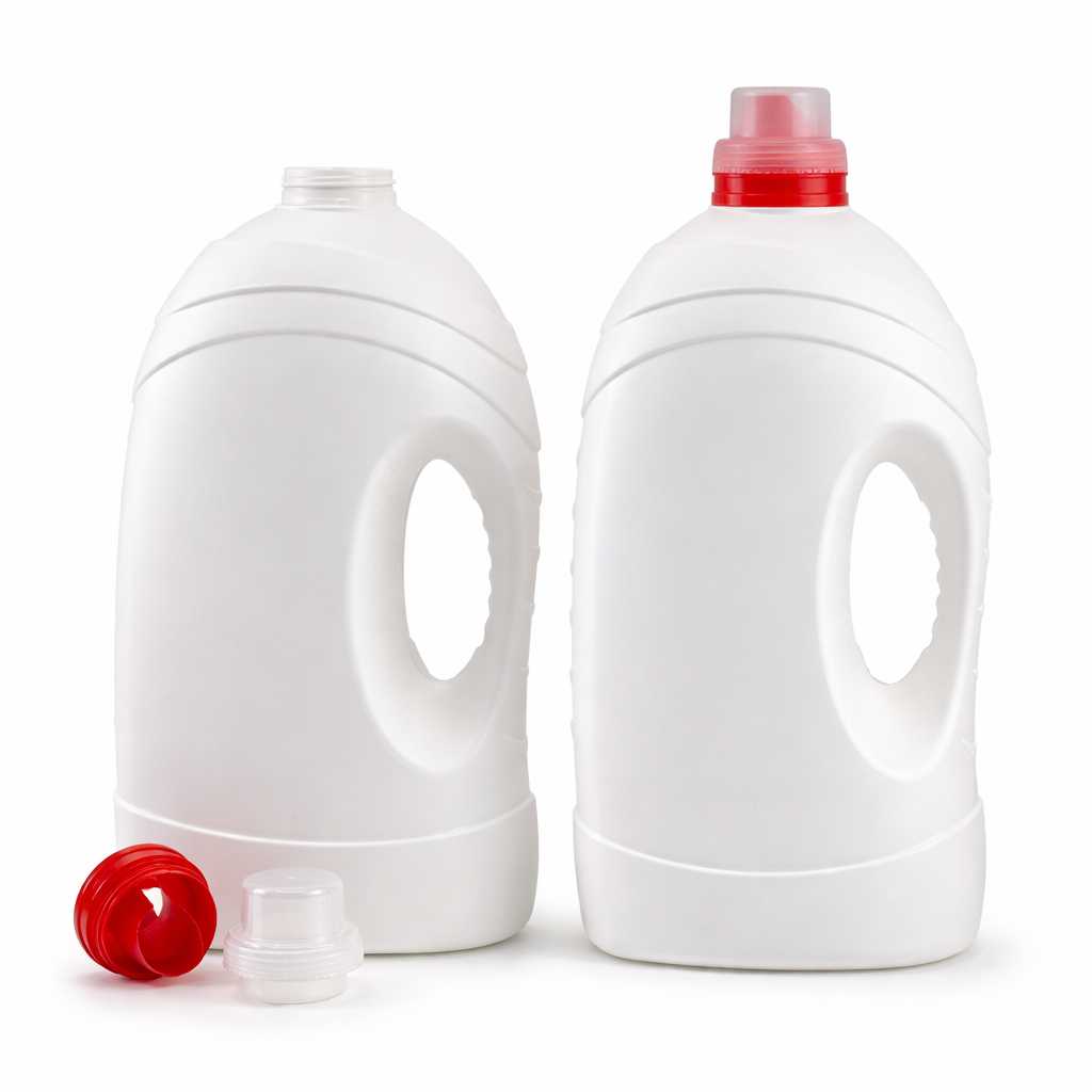 White Plastic Detergent Bottle, Red Cap, 4,9 l