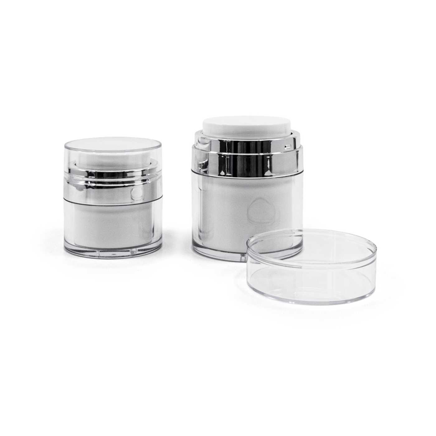 Airless kelímok, biely, so strieborným lemom, 50 ml
