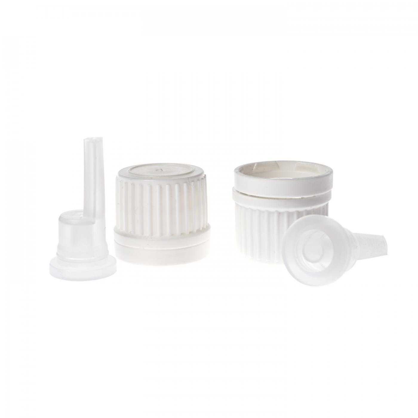 Bouchon en plastique blanc avec compte-gouttes interne et bague d’inviolabilité, 18/410