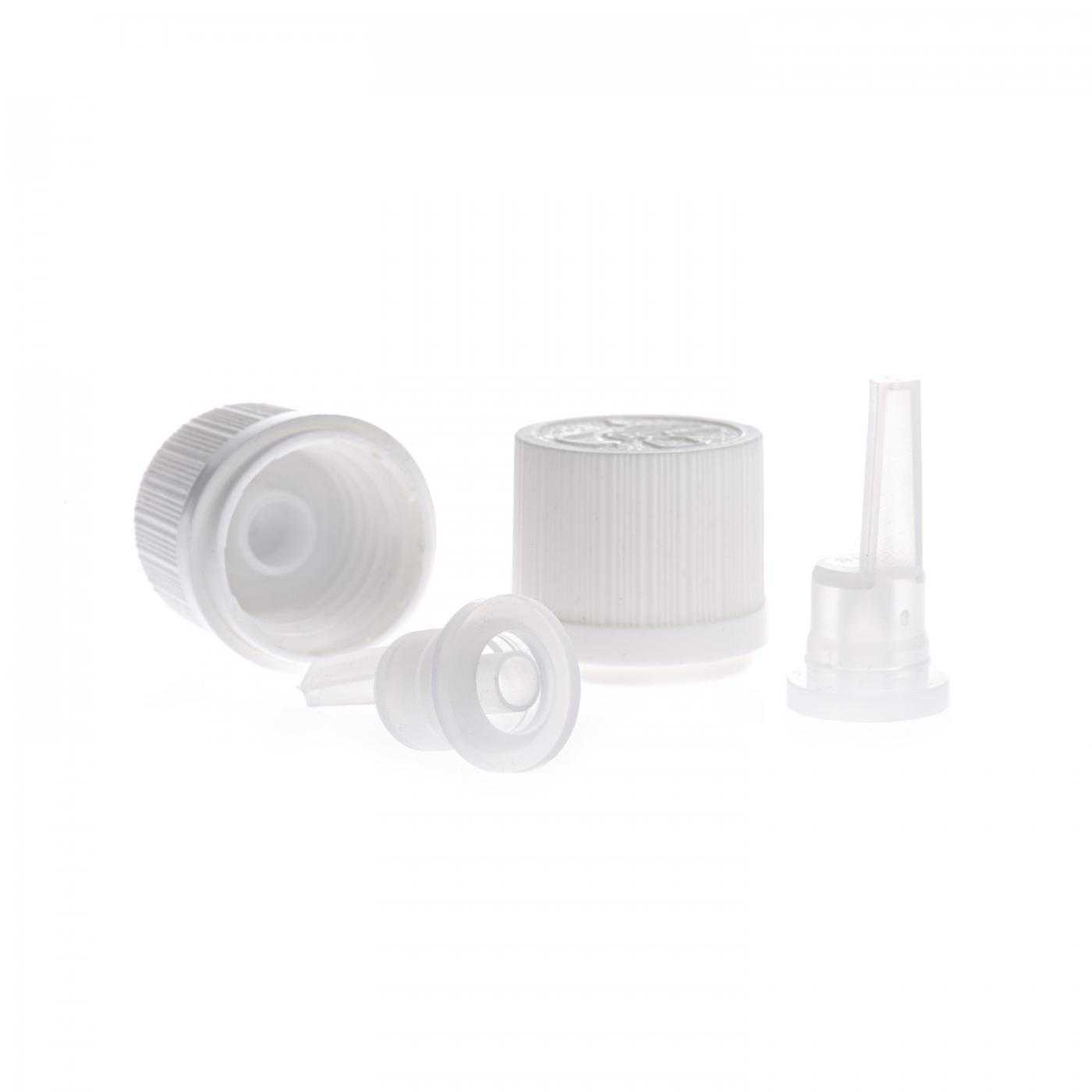 Bouchon de sécurité inviolable en plastique blanc avec compte-gouttes, strié, 18/415
