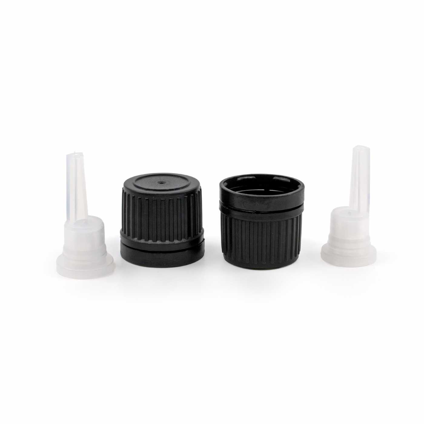 Bouchon en plastique noir avec compte-gouttes interne et bague d’inviolabilité, 18 mm