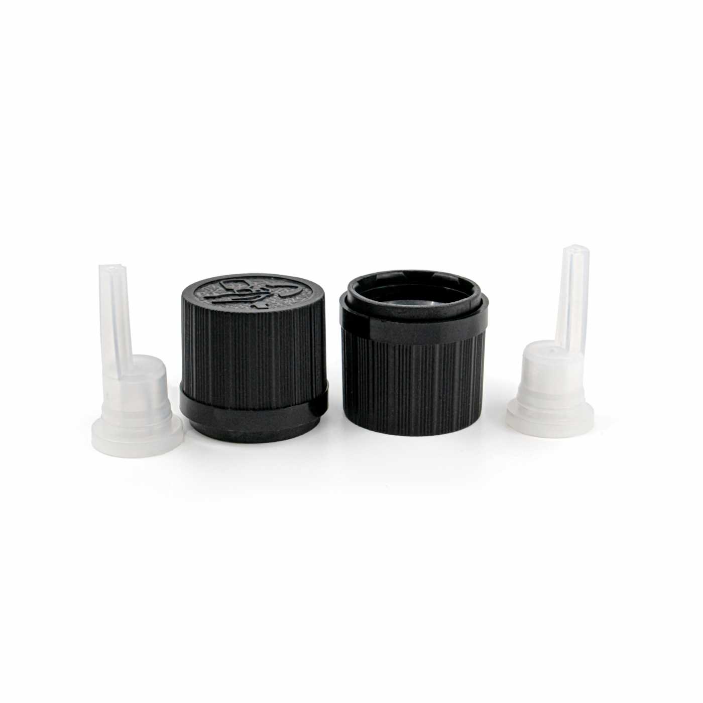 Tapón de seguridad inviolable con cuentagotas, negro estriado, 18 mm