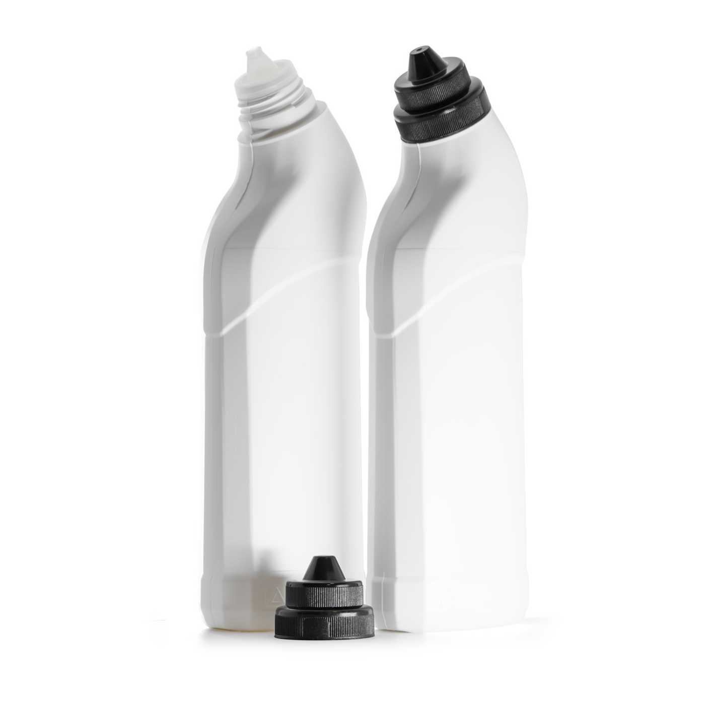 Butelka plastikowa na środek do WC, biała, przezroczysty pasek z czarną nakrętką, 750 ml