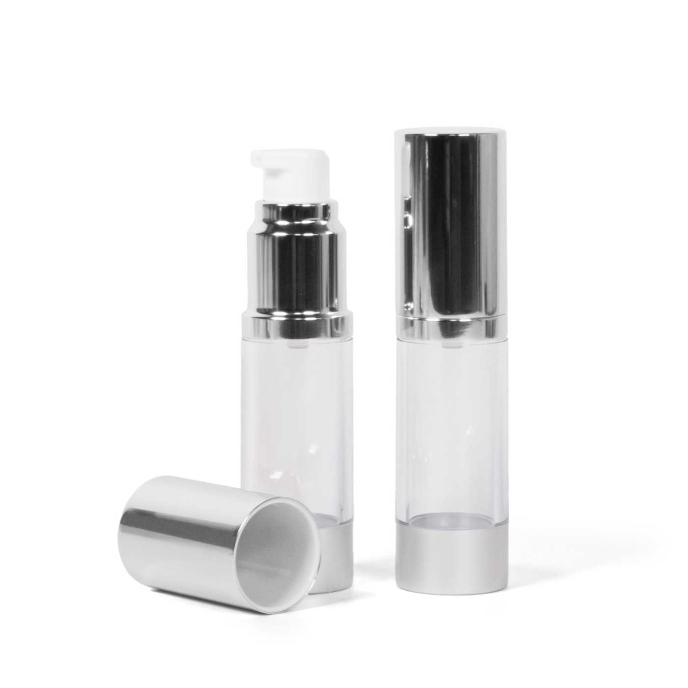 Airless fľaša, priehľadná s hliníkovým vrchnákom, 15 ml