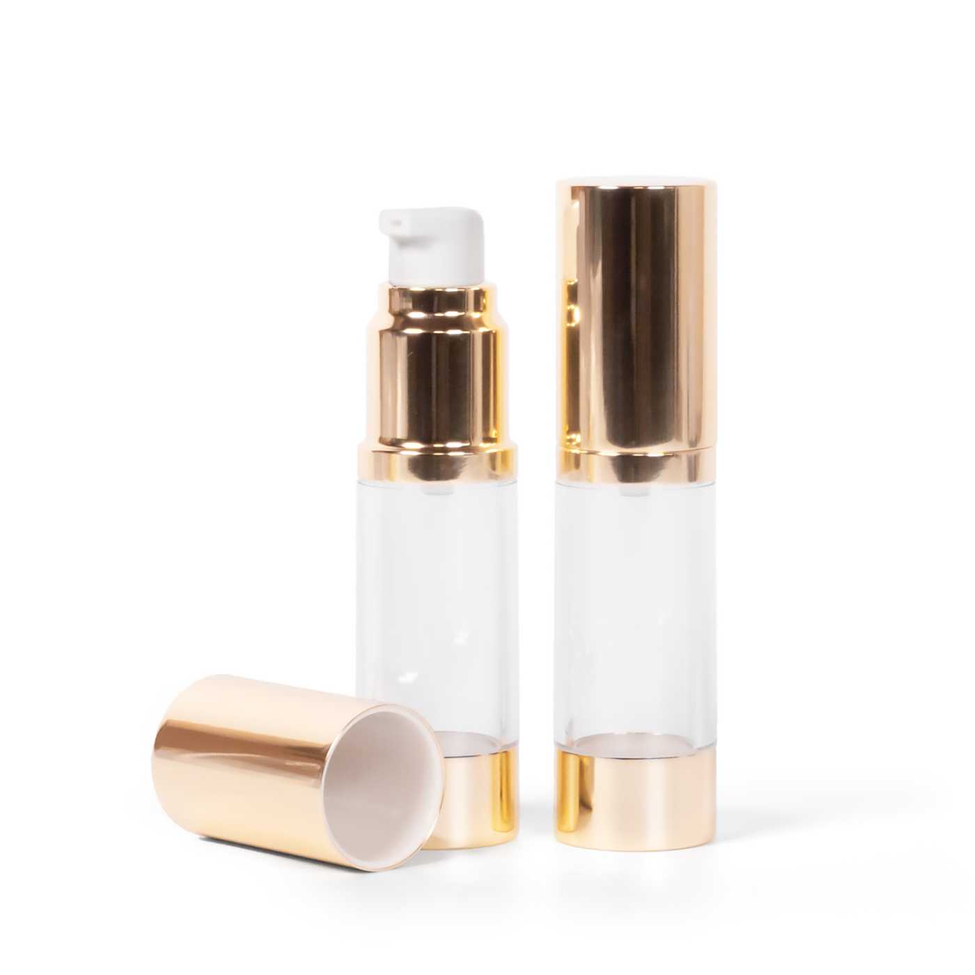 Airless fľaška, priehľadná so zlatým spodkom, 15 ml