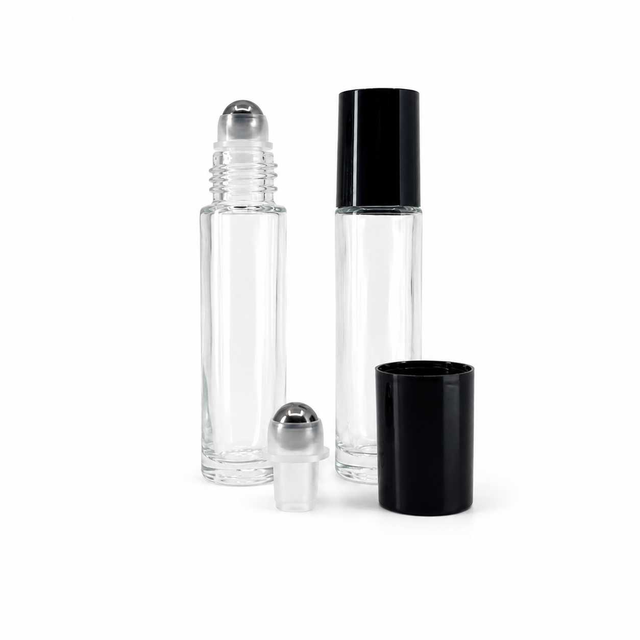Sklenený roll-on priehľadný, čierny vrchnák, kovová gulička, 10 ml
