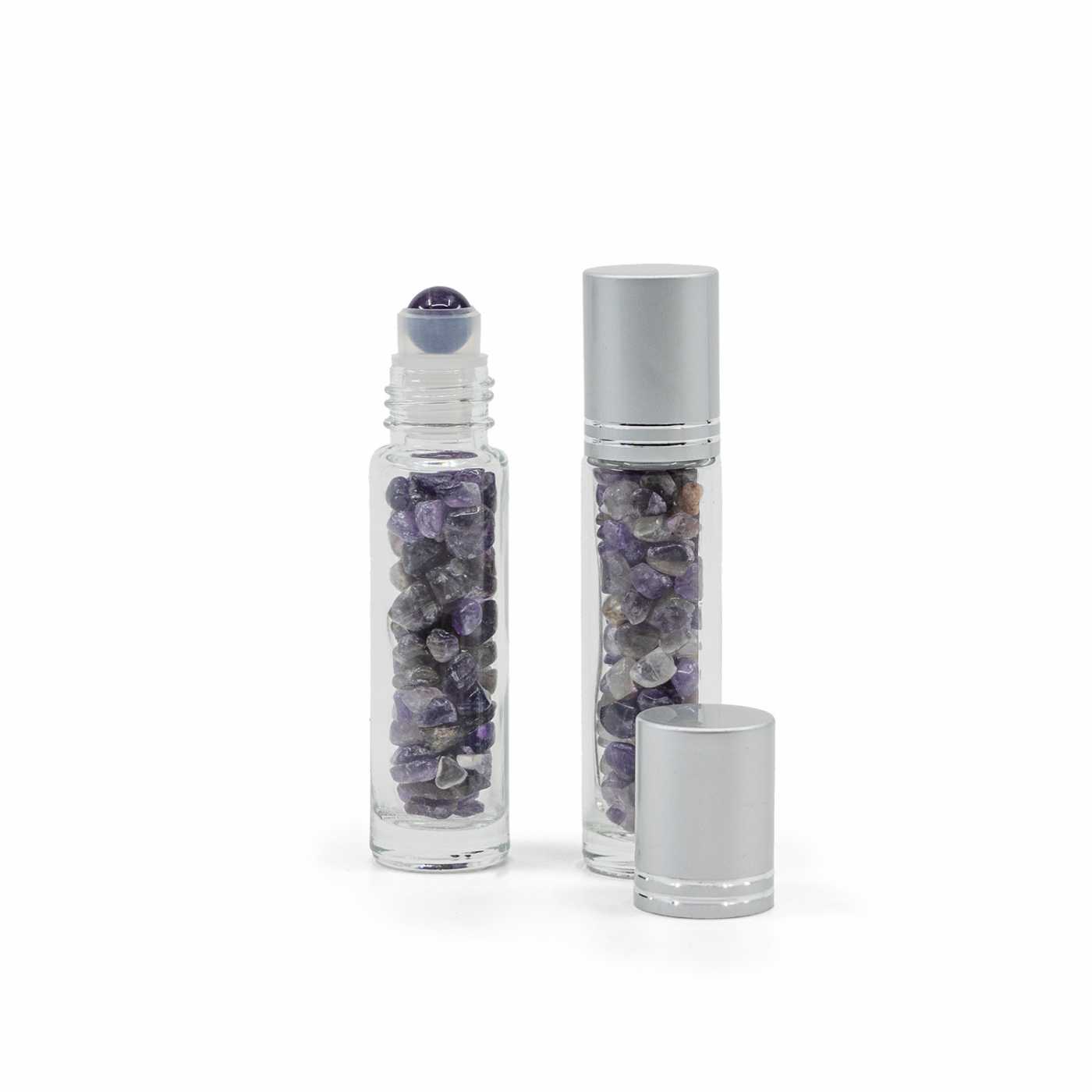 Sklenený roll-on s ametystom, strieborný vrchnák, 10 ml