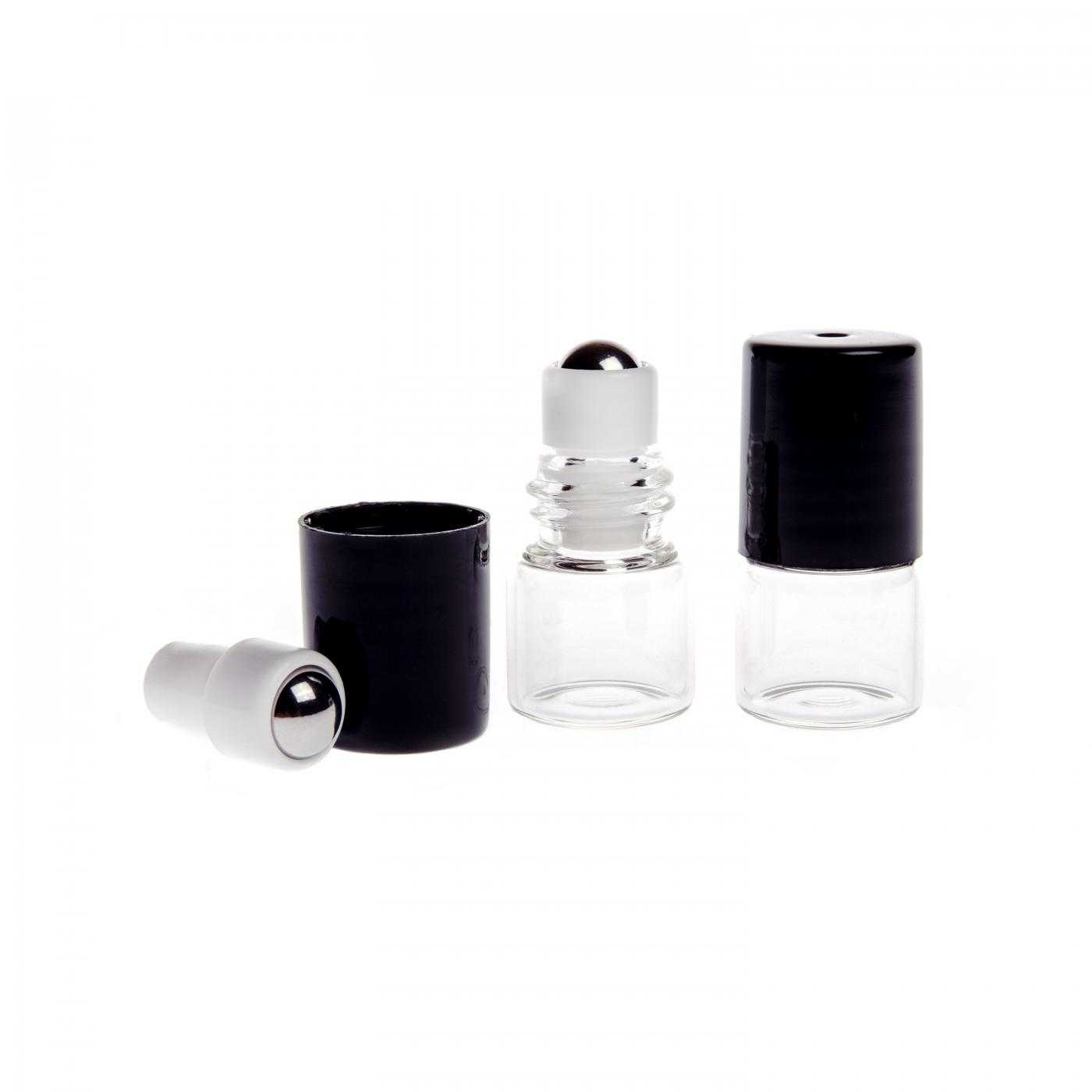 Sklenený roll-on 1 ml, priehľadný, čierny vrchnák